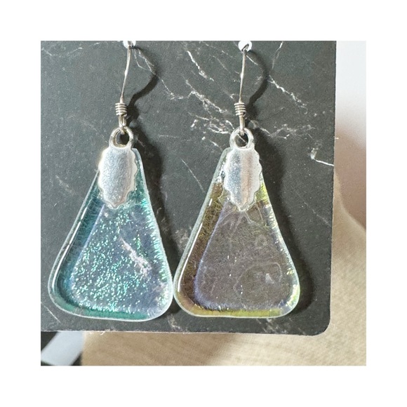 Iridescent recycled glass triangular sterling silver dangle earrings whimsical - Picture 6 of 11